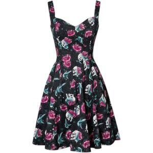 Hot Topic Tattoo Print Skull Rose Bird Fit & Flare Dress Retro Rockabilly Small